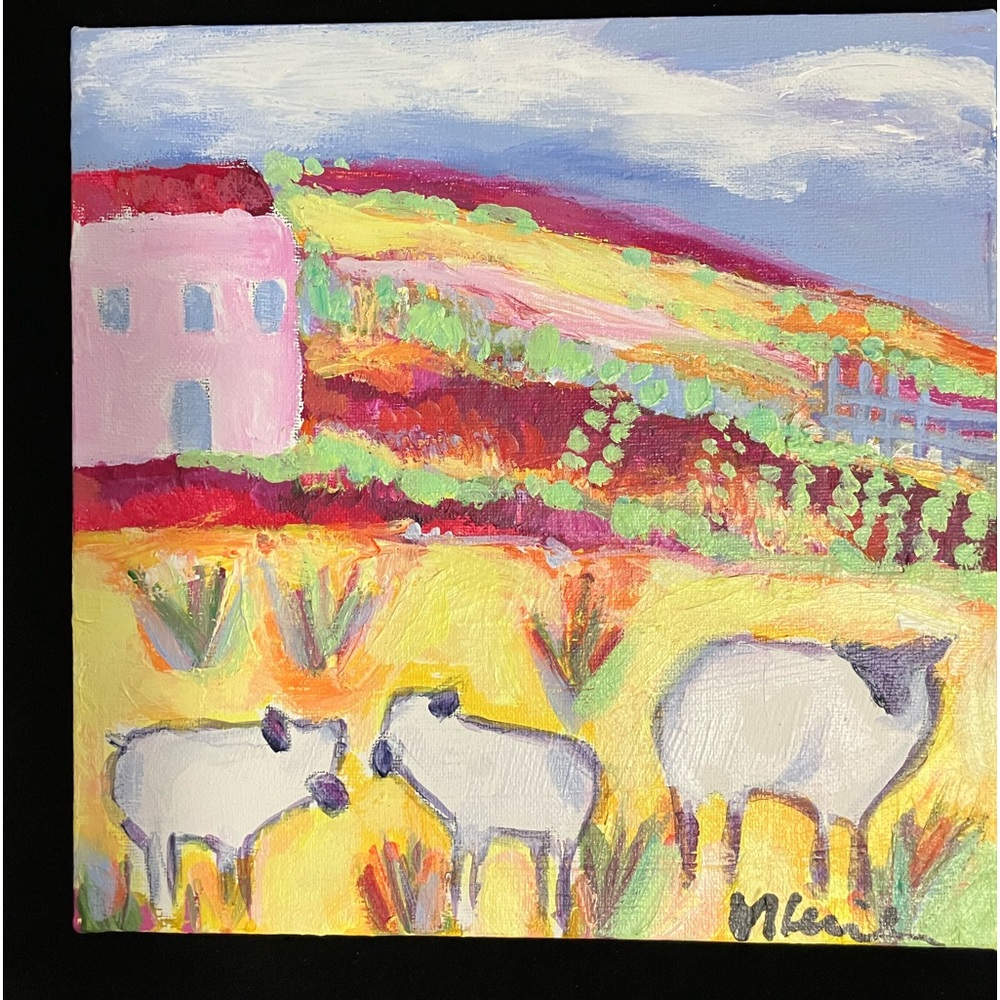 Southwest Sheep With Pink Farmhouse An  Original Acrylic Painting 10”x10”